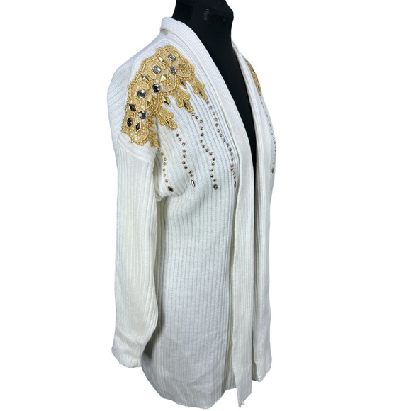 VTG 90's Liebe USA Cream/Ivory Mid Length Cardigan w/ Gold Lace & Gems One Size - Picture 4 of 8